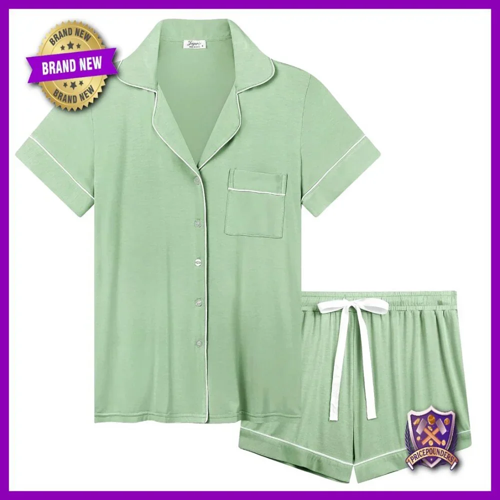 Soft Bamboo Viscose Pajama Set Short Sleeve Button Down Shorts Relaxed Fit